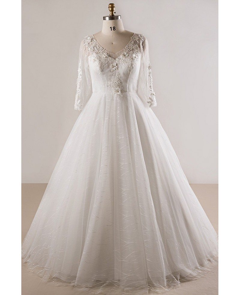 Plus Size Lace 34 Sleeves Floor Length Modest Wedding Dress Mn071 8049