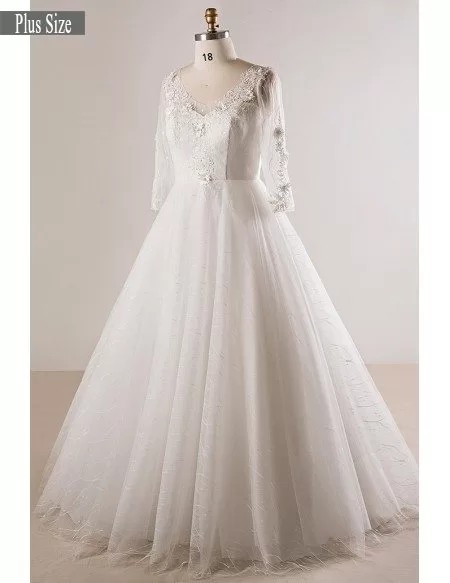 Plus Size Lace 3/4 Sleeves Floor Length Modest Wedding Dress