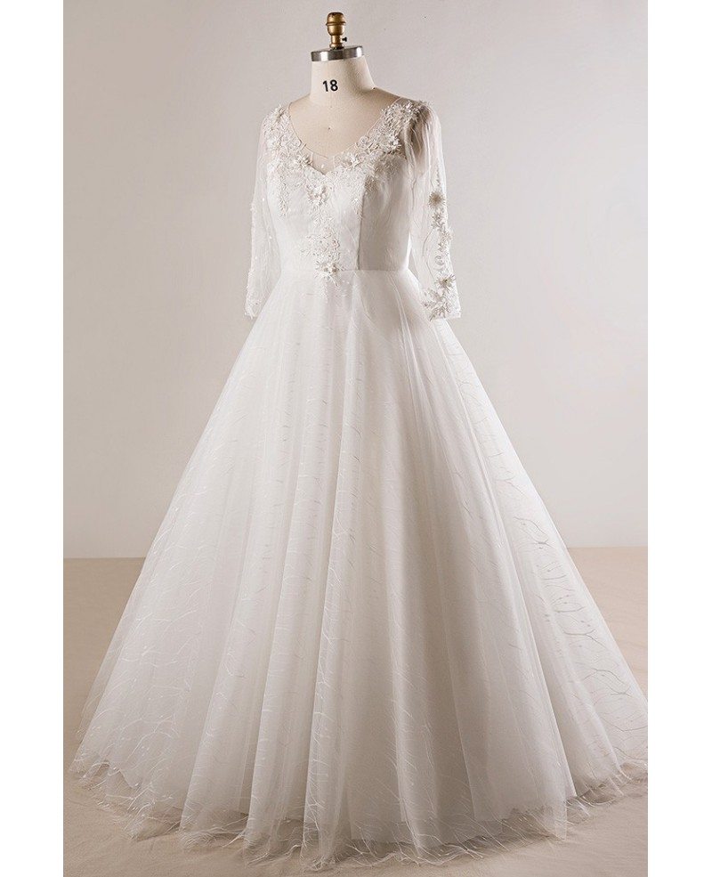 Plus Size Lace 3/4 Sleeves Floor Length Modest Wedding Dress #MN071
