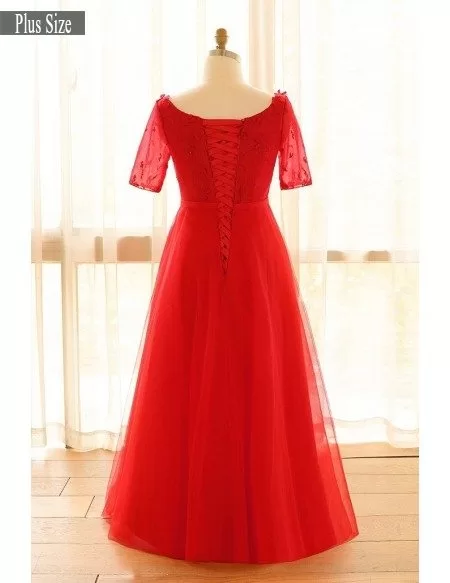 Plus Size Red Round Neck Floor Length Long Tulle Formal Party Dress