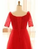 Plus Size Red Round Neck Floor Length Long Tulle Formal Party Dress