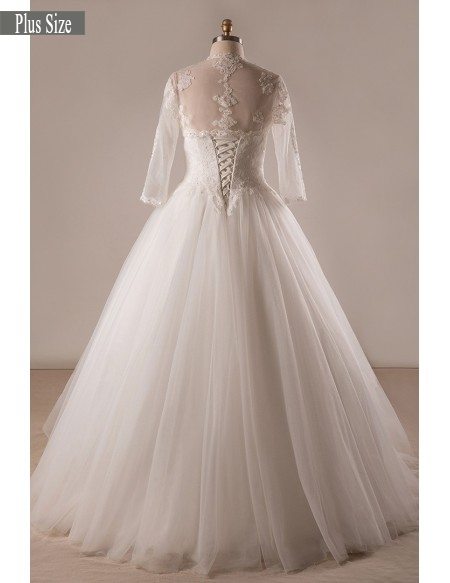Plus Size Lace Tulle Ballgown Strapless Wedding Dress With Lace Jacket