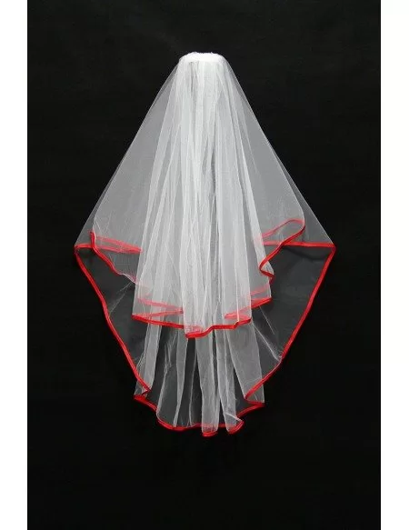 Simple white tulle wedding veil with red satin trim