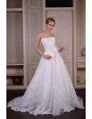Ball-Gown Strapless Cathedral Train Lace Tulle Wedding Dress With Beading Flowers