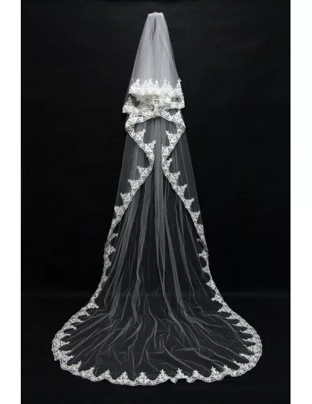 Elegant Long Train Tulle Bridal veil with Lace Hem