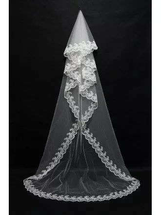 Great Long White Bridal Veil with Lace Trim