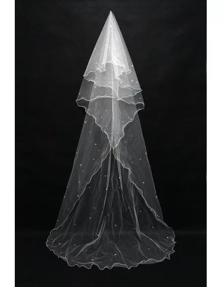 Beaded tulle long style wedding veil with train
