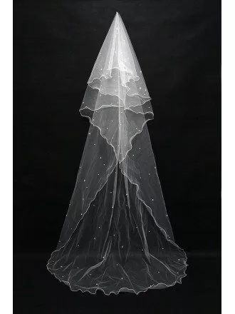 Beaded tulle long style wedding veil with train