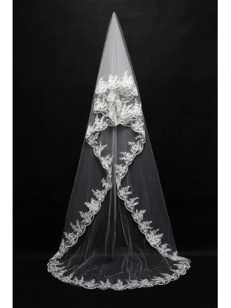 Long style White wedding veil with Lace Trim