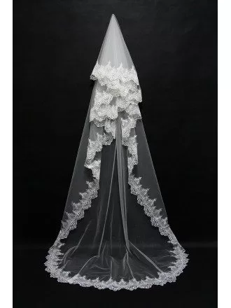 Trimed Lace Princess Long Wedding Veil with train