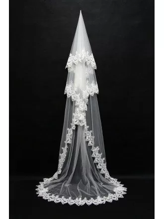 Gorgeous Long Train Ivory Wedding Veil with Trimed Lace