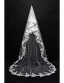 Princess Long Train White Wedding Veil in Trimed Lace