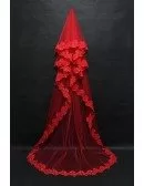 Princess Long Train Red Bridal Veil with Lace Hem