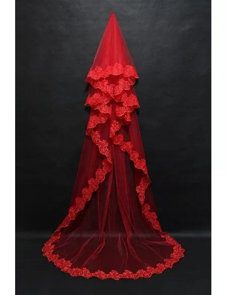 Princess Long Train Red Bridal Veil with Lace Hem