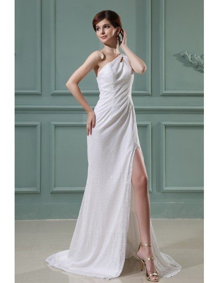 Sheath One-shoulder Sweep Train Sequined Evening Dress With Split