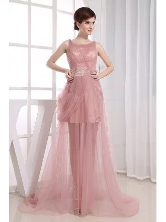 A-line Scoop Neck Floor-length Tulle Prom Dress With Beading