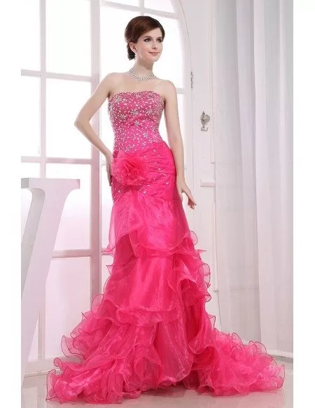 Mermaid Strapless Sweep Train Tulle Prom Dress With Beading