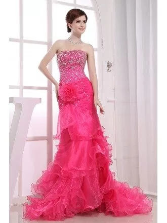 Mermaid Strapless Sweep Train Tulle Prom Dress With Beading