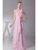 Gorgeous One Shoulder Long Pink Beaded Bridal Party Dress with Handmade Flowers