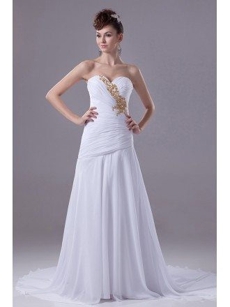 Pleated Sweetheart Chiffon White with Gold Beading Wedding Dress with Train