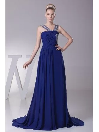 Gorgeous Dark Blue Long Chiffon Ruffled Prom Dress with Beading Straps