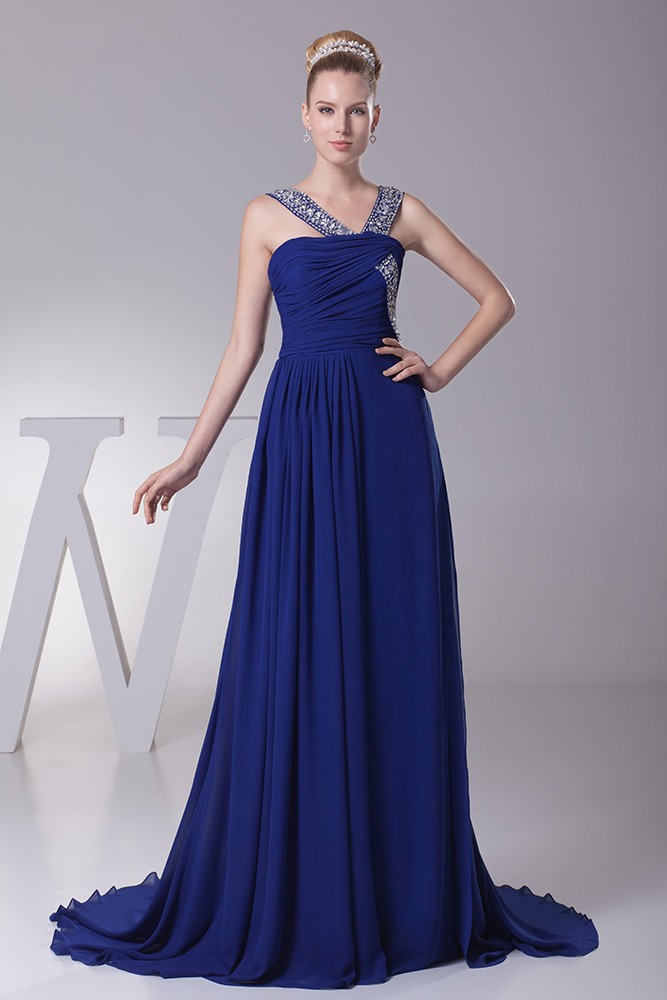 Gorgeous Dark Blue Long Chiffon Ruffled Prom Dress with Beading Straps ...