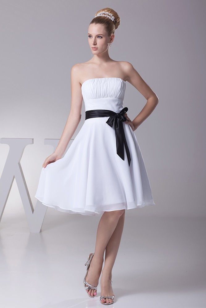 Simple Strapless Little Short Ruffled White Bridesmaid Dress with Black ...