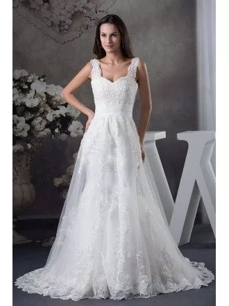 Lace Aline Long Tulle Wedding Dress with Straps