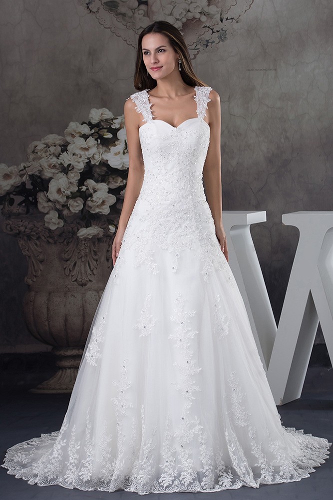 Sequined Lace Tulle Aline Wedding Dress with Straps #OPH1248 $269 ...