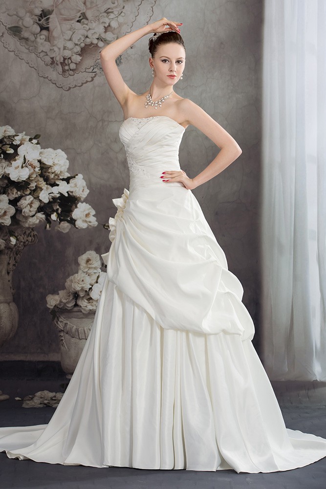 Ivory Pleated Strapless Wedding Gown with Flower #OPH1249 $260.9 ...