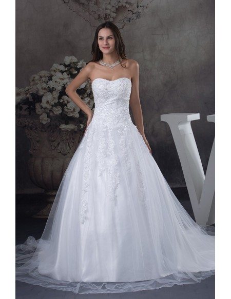 Strapless Long Train Tulle Lace Wedding Dress Sweetheart