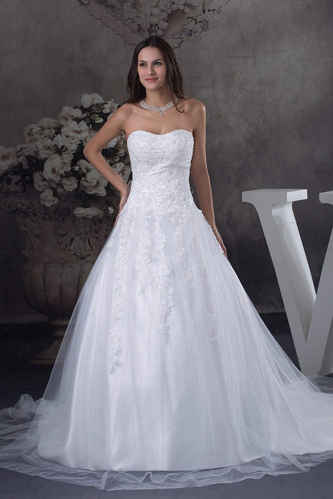 Strapless Long Train Tulle Lace Wedding Dress Sweetheart #OPH1250 $329. ...
