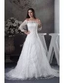 Lace 3/4 Sleeves Off the Shoulder Train Length Wedding Dress
