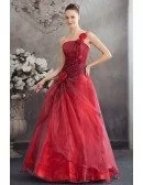 Burgundy Organza Floral One Shoulder Ballgown Red Wedding Dress