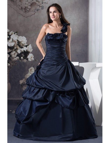 Navy Blue One Shoulder Ruffled Taffeta Color Wedding Dress