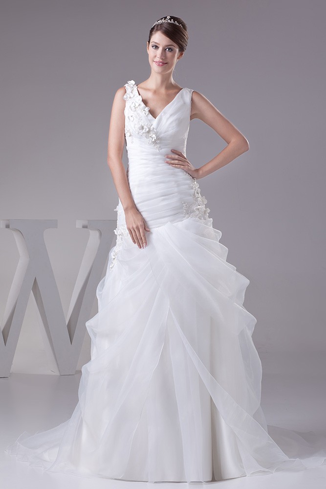V-neck Organza Body Fitted Wedding Dress with Flowers #OPH1271 $215 ...