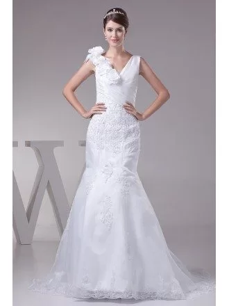 Elegant Floral Shoulder Lace Taffeta Mermaid Wedding Dress