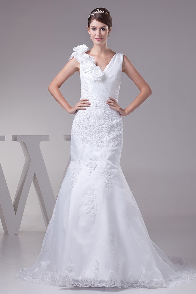 Elegant Floral Shoulder Lace Taffeta Mermaid Wedding Dress #OPH1282 ...