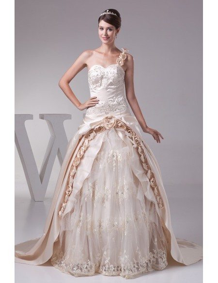 Beautiful One Shoulder Flowers Champagne Color Wedding Dress