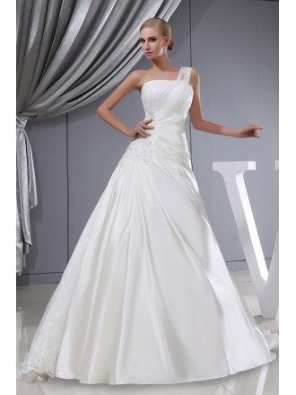 One Strap Lace Satin Pleated Wedding Dress with Corset