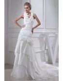Floral Long Halter Pleated Long Train Wedding Gown