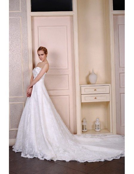 Ball-Gown Sweetheart Cathedral Train Lace Wedding Dress With Beading