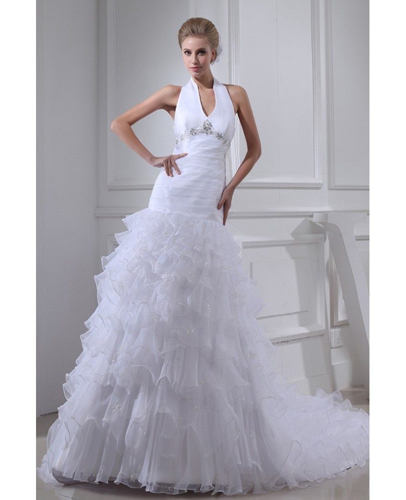 Long Halter Fitted Cascading Ruffles Backless Wedding