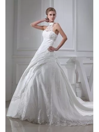 Lace Long Halter Pleated Ballgown Wedding Dress