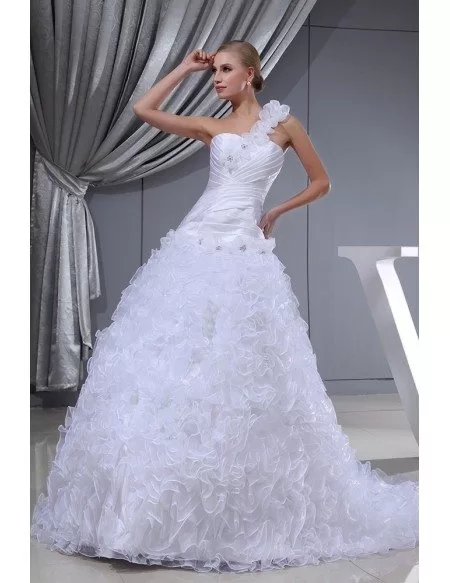 One Shoulder Floral White Custom Wedding Dress
