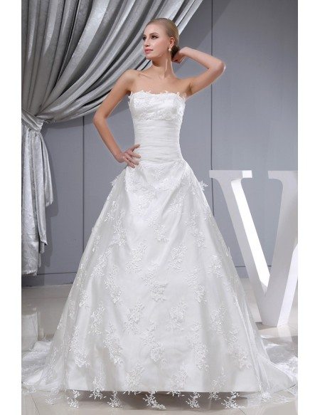 Strapless Lace Tulle Long Train Wedding Dress