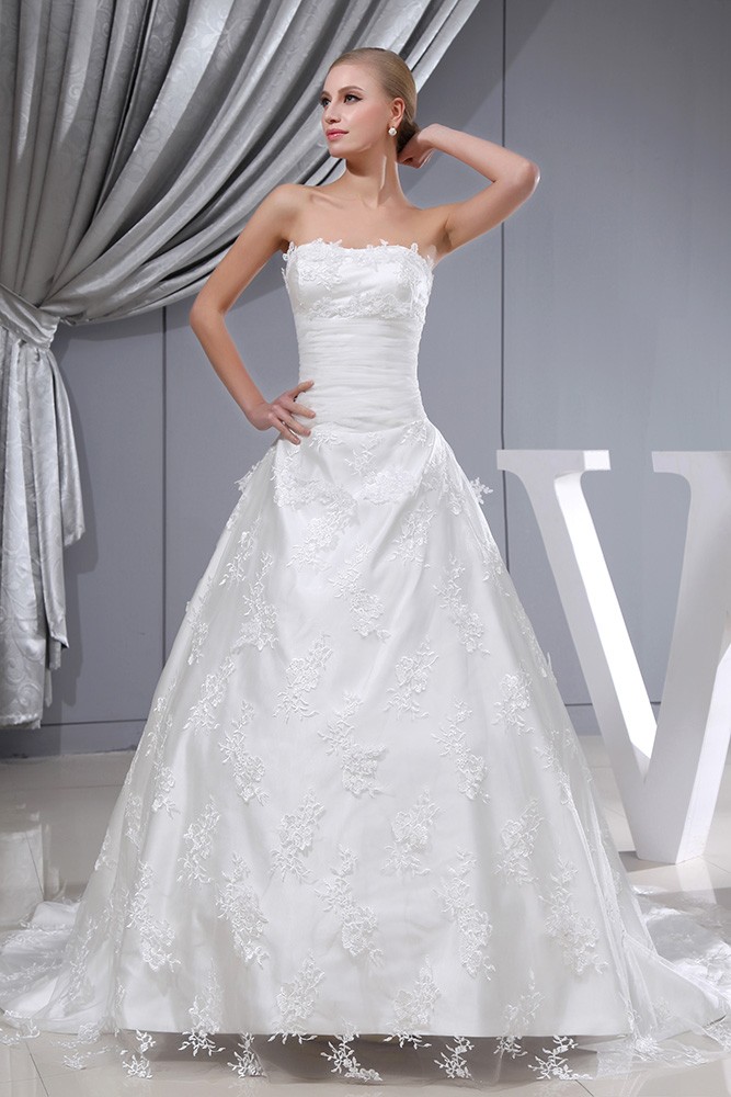 Strapless Lace Tulle Long Train Wedding Dress #OPH1341 $269 - GemGrace.com