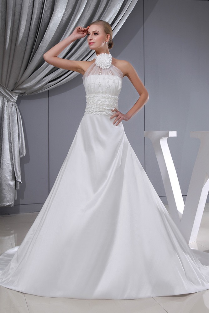 Floral Long Halter Aline Satin with Tulle Wedding Dress #OPH1343 $251 ...
