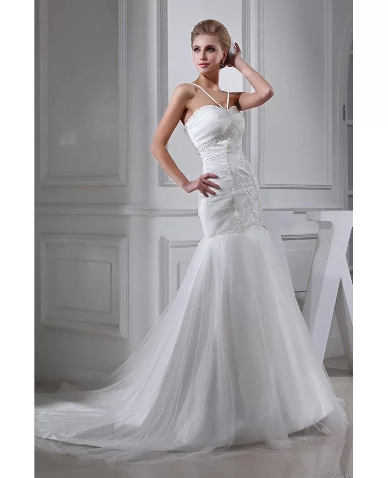 Spaghetti Straps Mermaid Long Tulle Wedding Dress With Train OPH1348 269 GemGrace