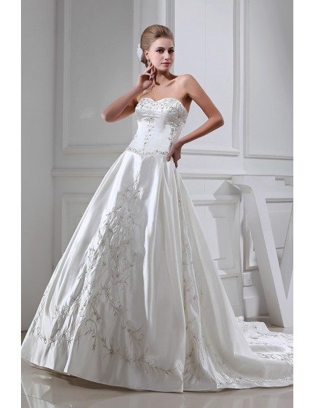 Embroidered Sweetheart Ivory Satin Wedding Gown